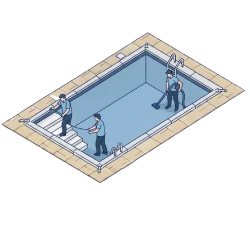 Fiberglass pool under construction with tiled deck and steps
